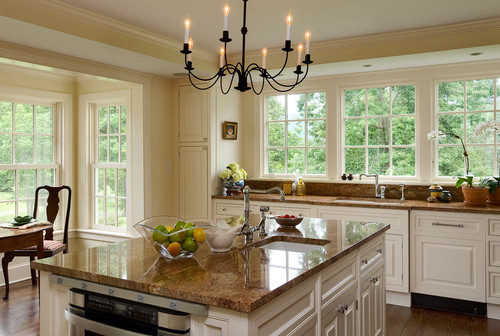 Dark Astoria Countertopwith OffWhite Fancy Cabinets and Kitchen Island